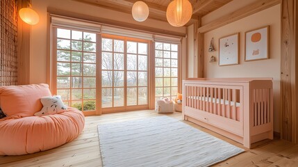 Poster - Tranquil and Cozy Japanese Style Nursery with Pastel Crib Shoji Screen Windows and Subtle Decor Accents Creating a Calming Gender Neutral Space