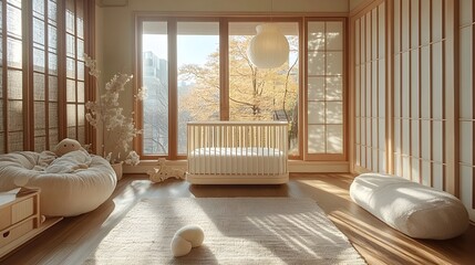 Poster - A tranquil and elegant minimalist baby nursery with a white crib warm pastel color palette and abundant natural light streaming through large open windows