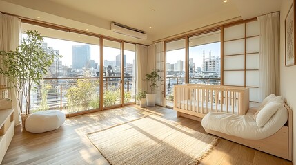 Poster - Soothing and Serene Japanese Inspired Minimalist Baby Room with a White Crib Warm Pastel Color Palette and Abundant Natural Light from Large Open Windows