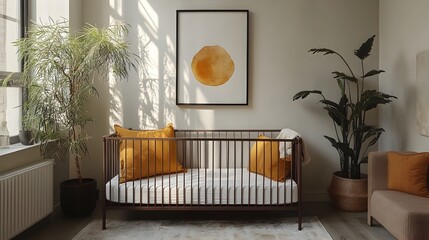 Poster - Elegant and Inviting Pastel Nursery Design with Modern Crib Soft Wall Colors Framed Abstract Art and a Minimalistic Approach for a Cozy and Serene Atmosphere