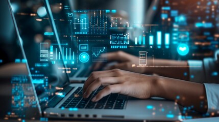 Poster - Close-up of hands typing on a laptop surrounded by holographic data analytics and futuristic interface graphics, depicting modern technology, business intelligence, and digital innovation concepts.