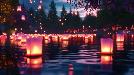 Poster - Night View of Lanterns Floating on Water