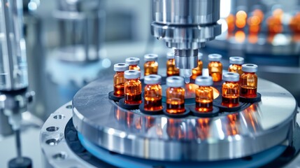 Poster - Close-up view of an automated system in a pharmaceutical manufacturing laboratory. Bottles with liquid medicine are precisely organized on a rotating platform under a mechanical arm.