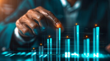 Poster - Close-up of a businessman's hand interacting with a digital chart and graphs, analyzing financial data for business growth and investment opportunities. Modern technology and finance concept.