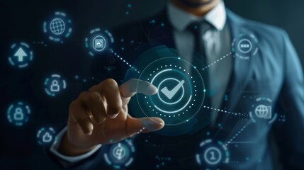 Leinwandbilder - Professional businessman in a suit using advanced technology, interacting with a digital interface to approve or validate processes. Futuristic business solutions and cyber technology concept.
