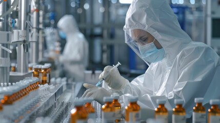 Poster - Scientists in protective clothing conduct research in chemistry, biotechnology, healthcare, and pharmaceuticals in a modern lab, ensuring precision experiments and advancements in a safe environment