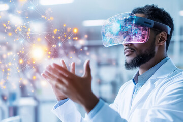 Poster - A scientist wearing a virtual reality headset engages with interactive elements in a modern laboratory setting