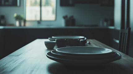 Wall Mural - A wooden dining table with a kitchen in the background