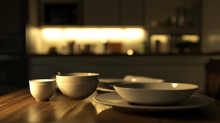 Wall Mural - A wooden dining table with a kitchen in the background