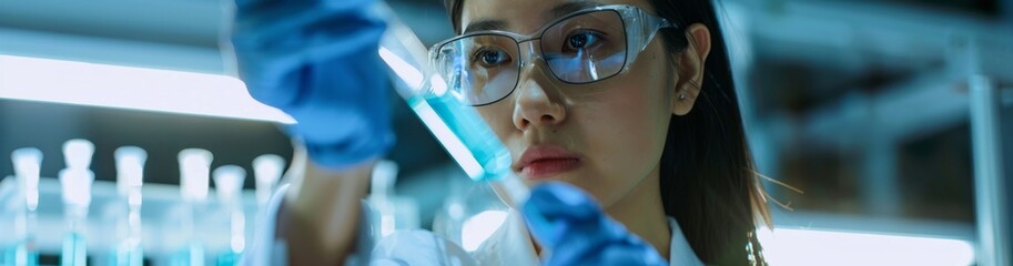Aufkleber - In a modern lab, a female scientist in protective gear examines a test tube of blue liquid, conducting precise research in chemistry and biotechnology, focused on discovery and innovation