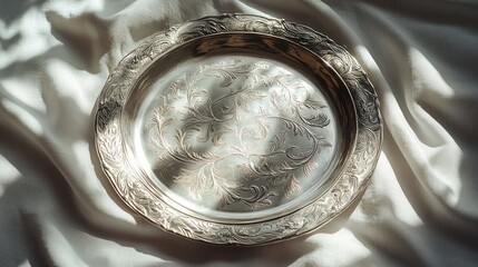 A silver plate with ornate floral engravings resting on a white linen tablecloth, with light highlighting its fine details