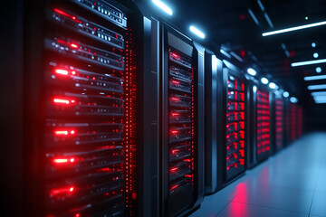 Poster - Rows of server racks illuminate with red lights in a contemporary data center emphasizing technological sophistication