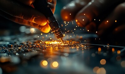 Poster - A close-up of a hand using a rotary tool to work on a circuit board, with sparks flying.