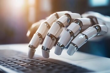 Poster - Robot hand typing on keyboard.