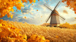 © GoldPumaze - A picturesque windmill surrounded by golden fields, adorned with autumn decorations for Thanksgiving.