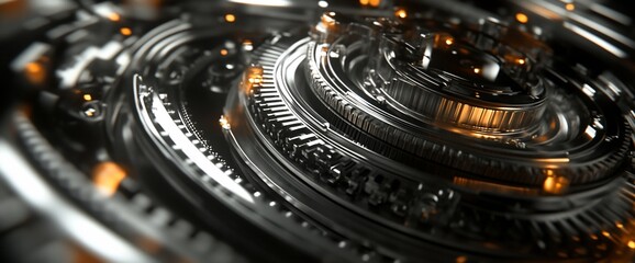 Poster - A close-up view of a intricate metal gear system, featuring concentric rings and glowing accents.