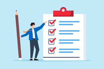 Poster - Flat illustration of team leader marks items on printed business checklist