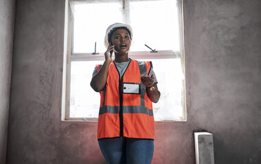 Poster - black woman, phone call and construction site as engineer or supervisor in project management. femal