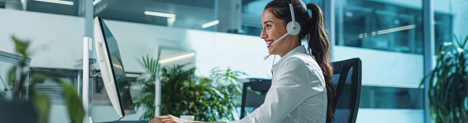 Aufkleber - A woman in a modern office setting, working as a smiling customer support representative with a headset, desktop computer, and plants by large windows. She embodies professionalism and dedication