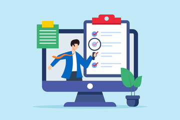 Poster - Flat illustration of executive examine business checklist in video call with magnifying glass on computer screen