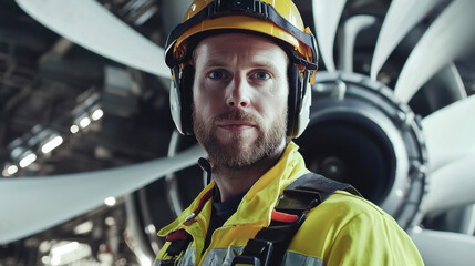 Wall Mural - maintenance engineer in yellow safety suit and helmet stands confidently in front of large aircraft engine, showcasing professionalism and focus in high stakes environment