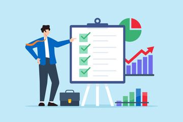 Poster - Flat illustration of male investor analyze business checklist on presentation board with checkmark graph and pie chart