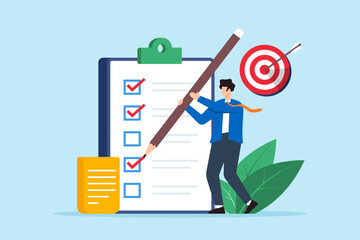 Poster - Flat illustration of startup founder mark goal or target use pencil on business checklist in clipboard with bullseye