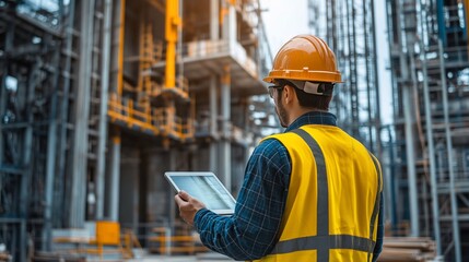 Poster - A construction worker in a hard hat and yellow vest uses a tablet to inspect a large industrial building.