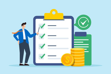 Poster - Flat illustration of finance manager check budget business checklist in clipboard with dollar coin