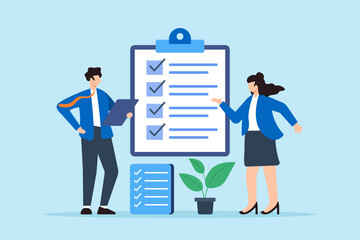 Poster - Flat illustration of business coach review step on business checklist with client