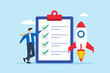 © VZ_Art - Flat illustration of brand strategist present rocket and checklist launch startup start project and business development