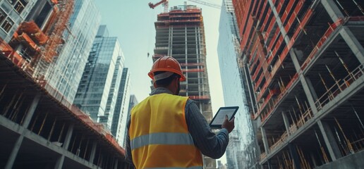 Poster - A construction worker in a safety vest and hardhat looks up at a skyscraper under construction.
