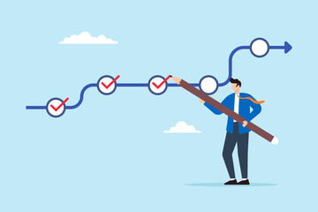 Poster - Flat illustration of businessman using pencil to tick mark checklist for project milestone goal tracking and task completion