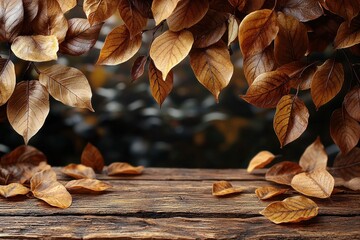 Poster - Dried Leaves Hanging Over a Weathered Wooden Surface