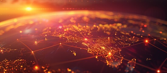 Poster - A visual representation of global connectivity through digital networks, linking data points and network lines for international communication, illuminating the worldwide network system