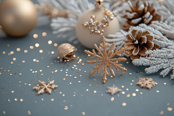 Wall Mural - Elegant Christmas decorations with golden snowflakes and pinecones