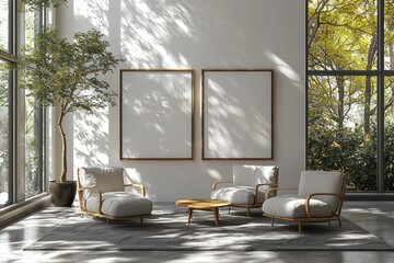 Poster - Modern Living Room Interior with Two Empty Frames, Sunlight and a View of Trees