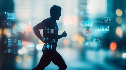 Silhouette of a man running with digital health data overlay, futuristic fitness and technology concept.