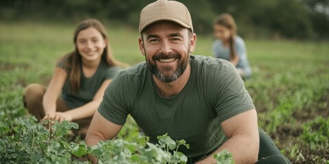 Smiling man with children gardening in a green field, joyful family activity.