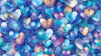Wall Mural - a seamless pattern of blue and purple textured hearts with a watercolor effect, creating a vibrant, 