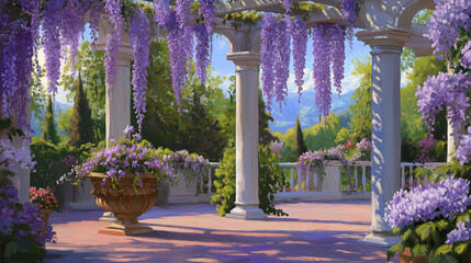 Poster - Blossoming Wisteria Hanging from a Pergola