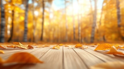 Wall Mural - Golden autumn leaves scattered on a wooden path in a sunlit forest, AI