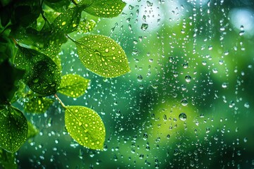 Poster - Green Leaves and Raindrops on a Windowpane