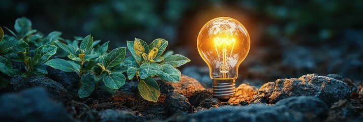 Poster - A Glowing Light Bulb Amongst Green Plants and Rocks