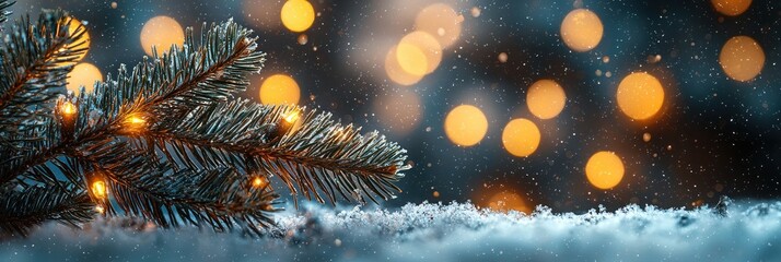 Poster - Evergreen Branch with Lights and Snow Against a Bokeh Background