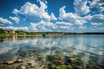Wall Mural - a body of water surrounded by rocks, shot from the air, suitable for use in environmental and nature