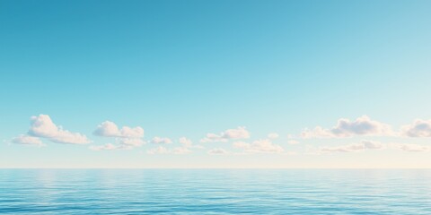 Wall Mural - Calm ocean surface reflecting blue sky and fluffy clouds, serene and tranquil view.