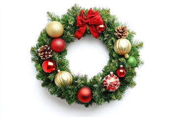 Canvas Print - A festive Christmas wreath decorated with colorful ornaments on a clean white background, perfect for holiday-themed designs