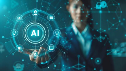 Aufkleber - A businesswoman interacts with a futuristic digital interface powered by AI technology, displaying graphics of AI, data, and network connections, symbolizing technological progress and innovation