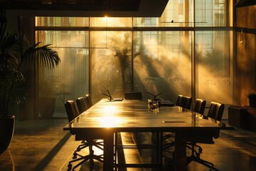 Poster - A table with chairs near a window, featuring a plant in the foreground